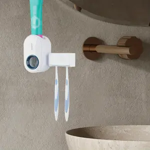 Toothbrush Holder Wall Mounted with Cover for Bathroom, 2 Slots Toothbrush Storage Organizer for Shower, Self Adhesive Toothbrush Hanger with Automatic Toothpaste Squeezer Dispenser