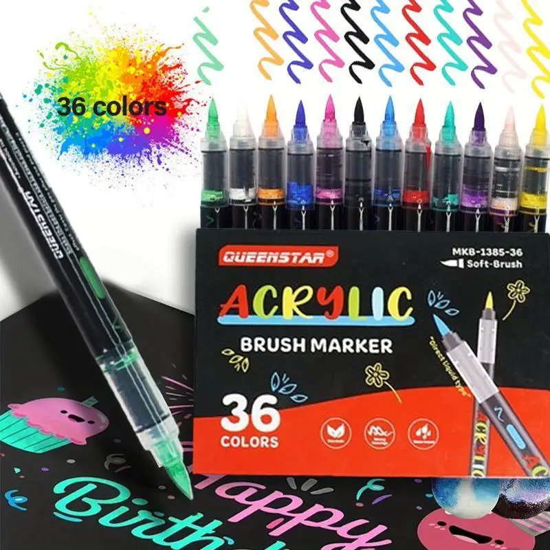 36 Colors Acrylic Paint Pens Set – Waterproof Soft Brush Tip Markers for Rock, Wood, Glass, Plastic & Paper, Quick-Dry Paint Markers for DIY Crafts, J