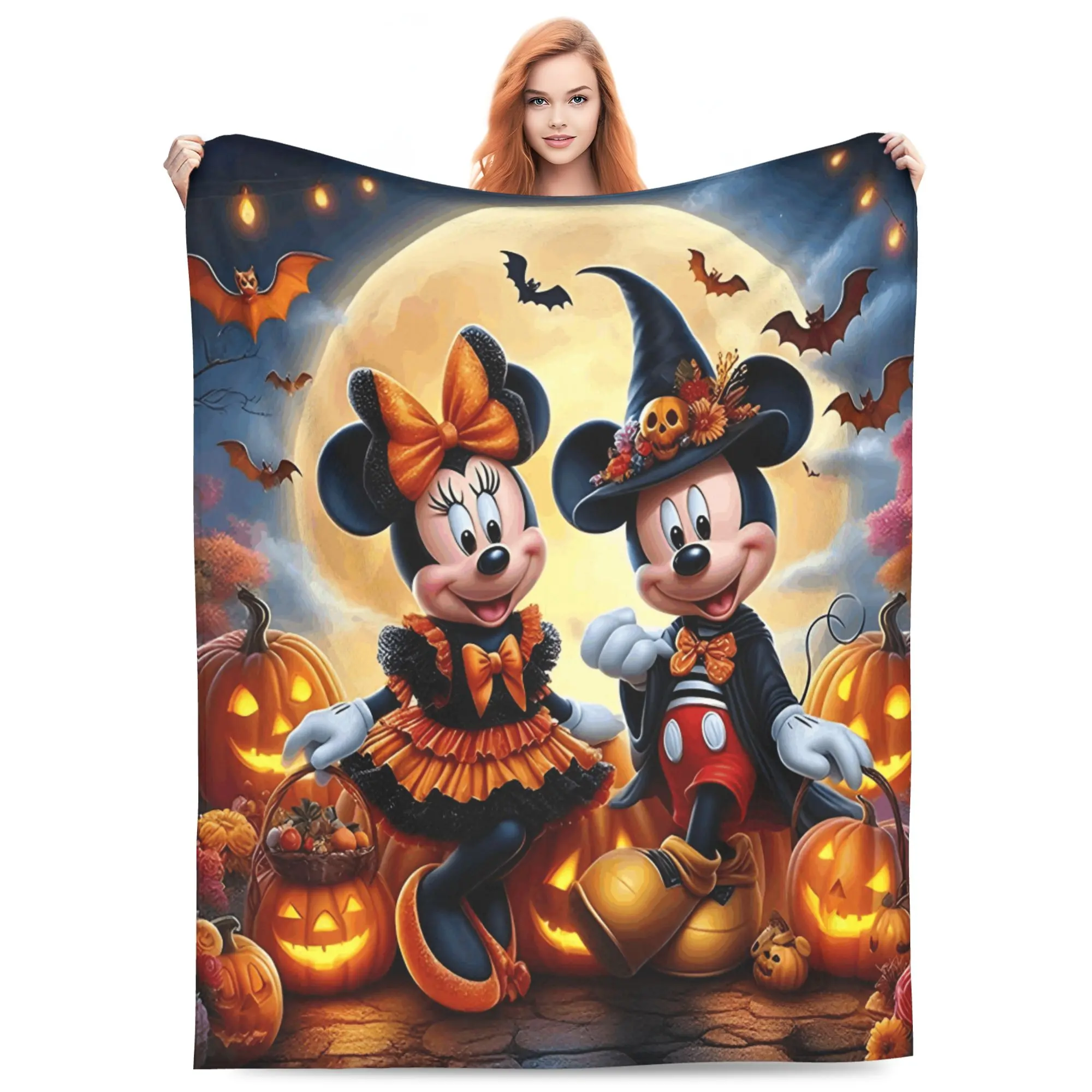 DISNEY CLASSIC Soft Flannel Throw Blanket Halloween Mickey Minnie Mouse Cartoon Print Lightweight Cozy Fleece Blanket, Jack O Lantern Pumpkin Bat Full Moon Witch Hat Pattern Warm Decor Blanket for Sofa Couch Bed Camping Kids Family Halloween Holiday Gift