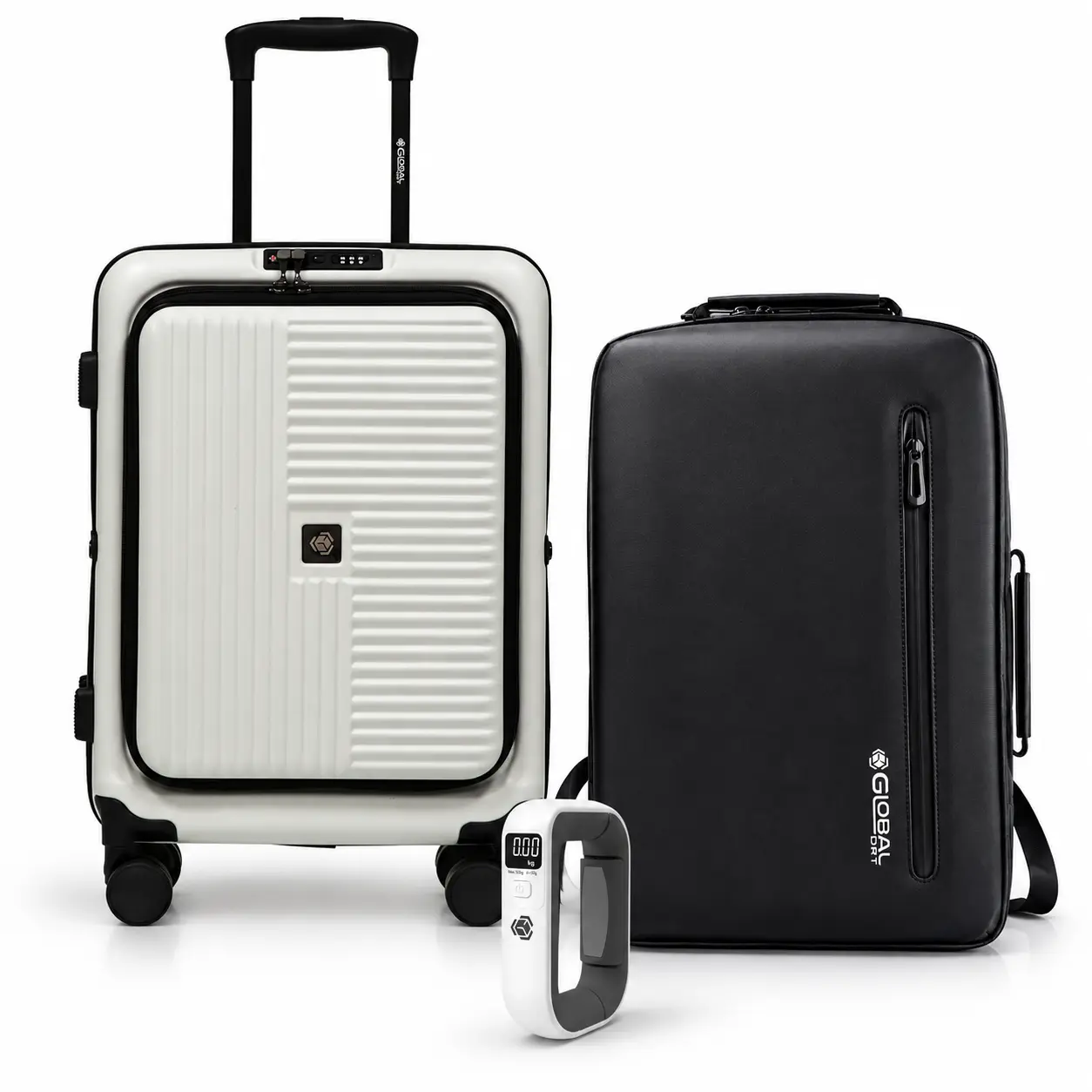 Global DRT 3-Piece Travel Bundle – 20-Inch Cream Collapsible Carry-On Suitcase with Spinner Wheels, Digital Luggage Scale and Backpack