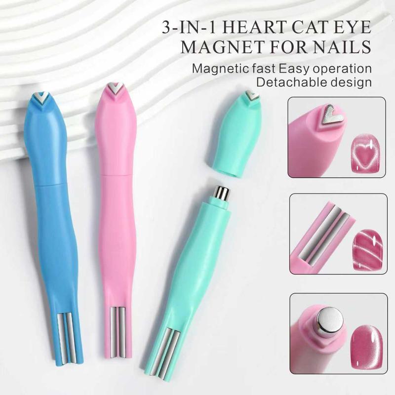1-piece 3-in-1 Cat Eye Magnet - Heart Moon Pattern Design, Pink/Green/Blue, Durable Plastic with Magnet, Odorless Gel Polisher, Metallic Texture, Creative Heart-Shape Handle Nail Art Kit, Professional & DIY Nail Tools, Holiday haul-Christmas gift