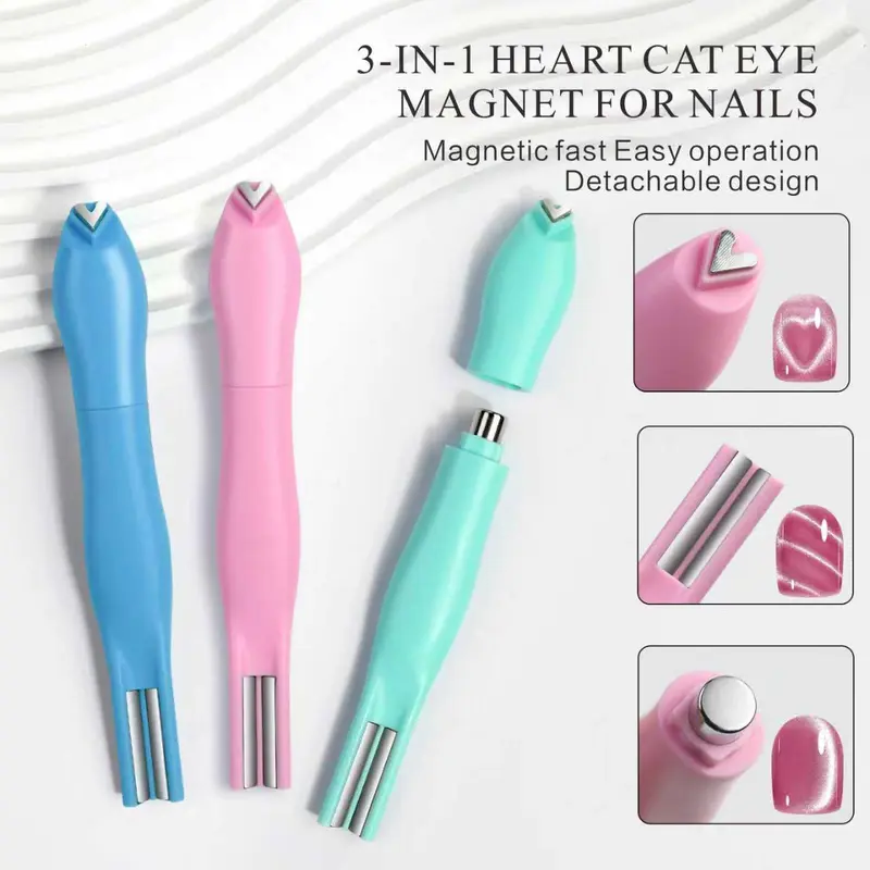 1-piece 3-in-1 Cat Eye Magnet - Heart Moon Pattern Design, Pink/Green/Blue, Durable Plastic with Magnet, Odorless Gel Polisher, Metallic Texture, Creative Heart-Shape Handle Nail Art Kit, Professional & DIY Nail Tools, Holiday haul-Christmas gift