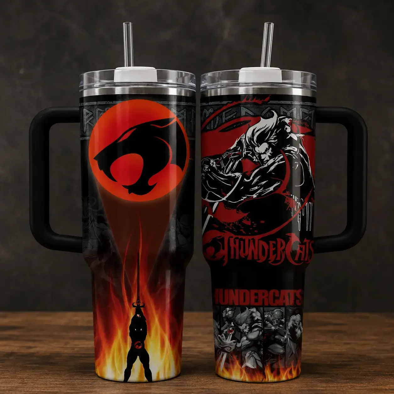 Retro Thunder Cats 40oz Travel Mug With Handle, Red Black Warrior Cat Design Stainless Steel Insulated Tumbler Cup With Straw