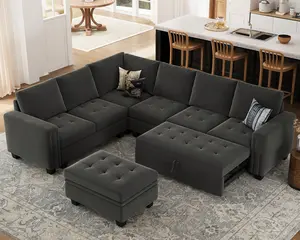 [SummerWins]Belffin Modular Sectional Sofa with Pull Out Couch Bed Convertible Velvet Corner L Shaped Sectional Sleeper Sofa Couch with Storage Ottoman Chaise for Living Room,Beige