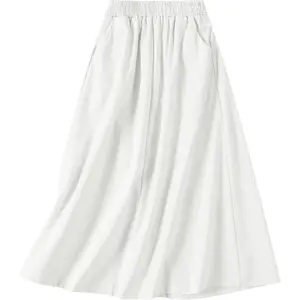 Women's Cotton Linen Midi Skirt with Pockets Casual Flowy Swing Elastic High Waist A-Line Long Boho Skirts