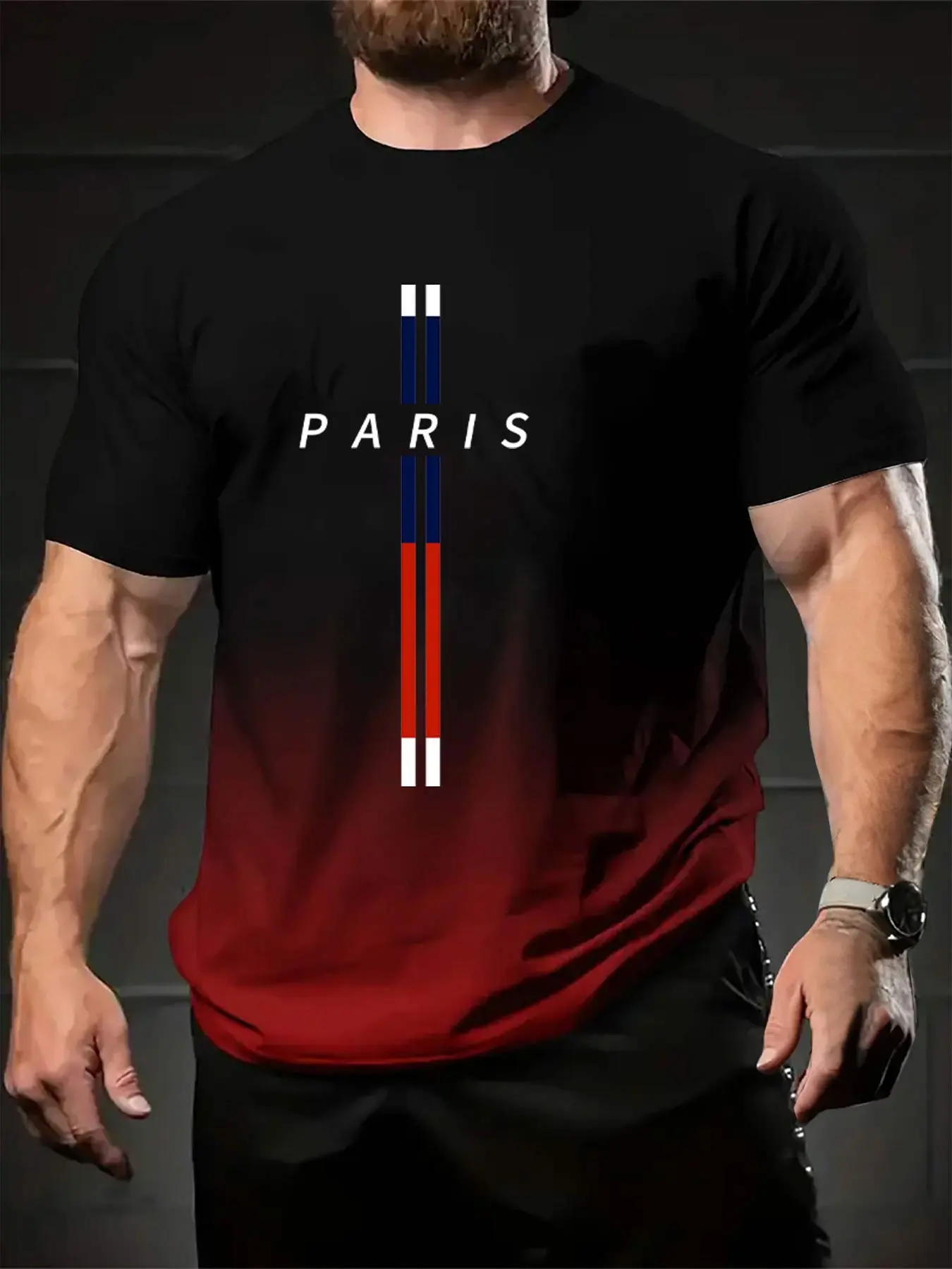 Gradient Men's Fitted T-Shirt with Round Neck and Paris Letter Graphic Print, Casual Short Sleeve Breathable Summer Top, Trendy Street Style Aesthetic Fashion Streetwear, Menswear, Casual Style Tee