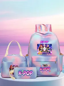 Back-To-School Printed Three-Piece Backpack Set, Dreamy Blue Gradient Student Bag/lunch Box/pencil Case, Cute School Bags for Girls