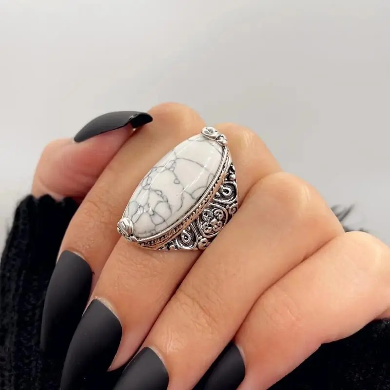 Women's Bohemian Costume Jewelry Oval Turquoise Large Stone Cocktail Ring, Feminine Design with Natural Veins & Unique Texture for Casual Wear