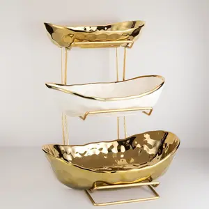 3-Tier Gold Fruit Bowl & Tray with Metal Stand - Ceramic White, Triple Layer for Snacks, Nuts, Bread & Candy Storage