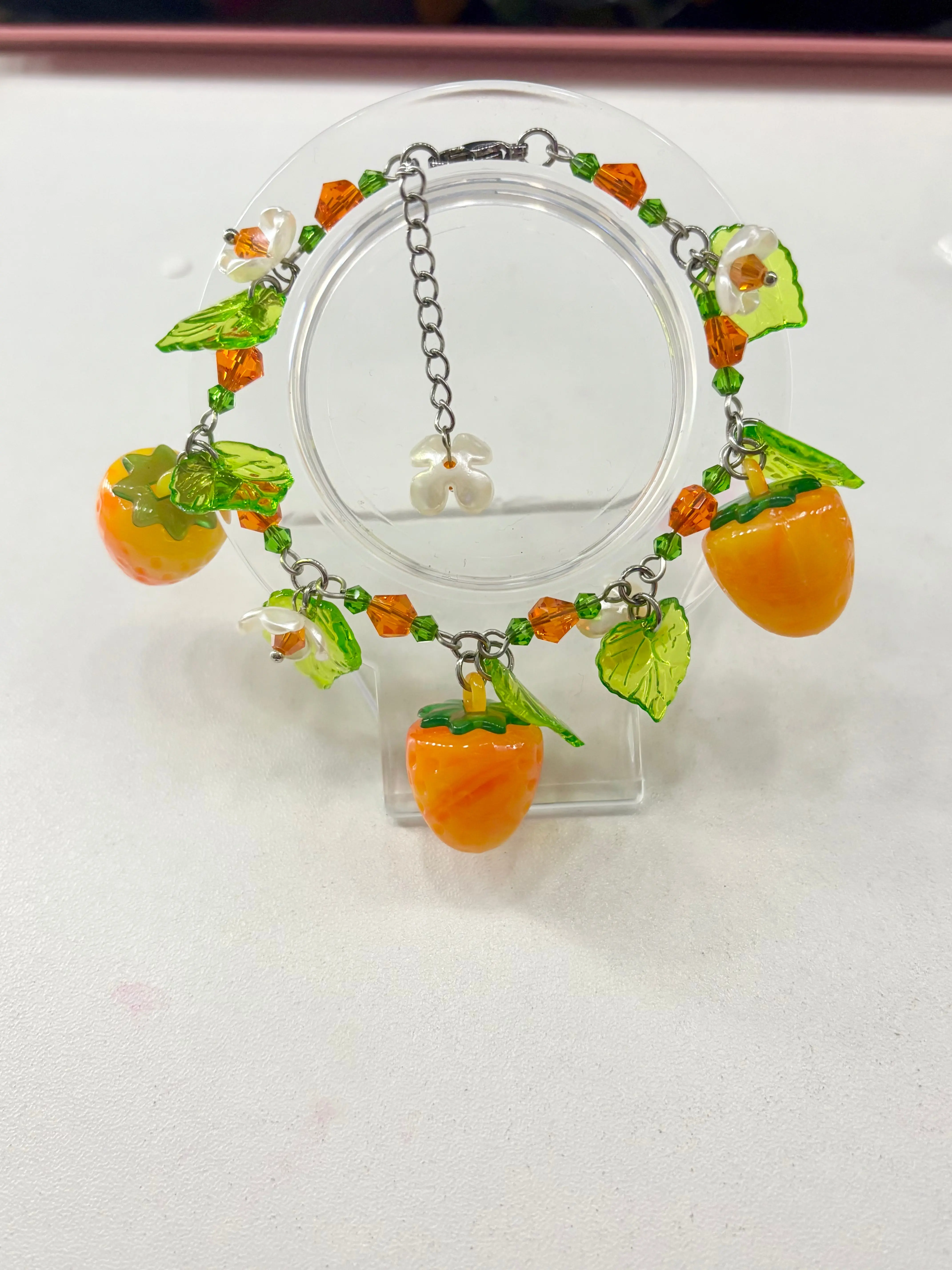 Adjustable Orange Strawberry Charm Bracelet