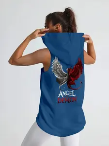 Women's Casual Hooded Sleeveless Vest with Demon Wings Print, Fashion Versatile Sports Style, Summer Fitness Outdoor Wear, Sleeveless Gym Tops, Yoga Workout Vest