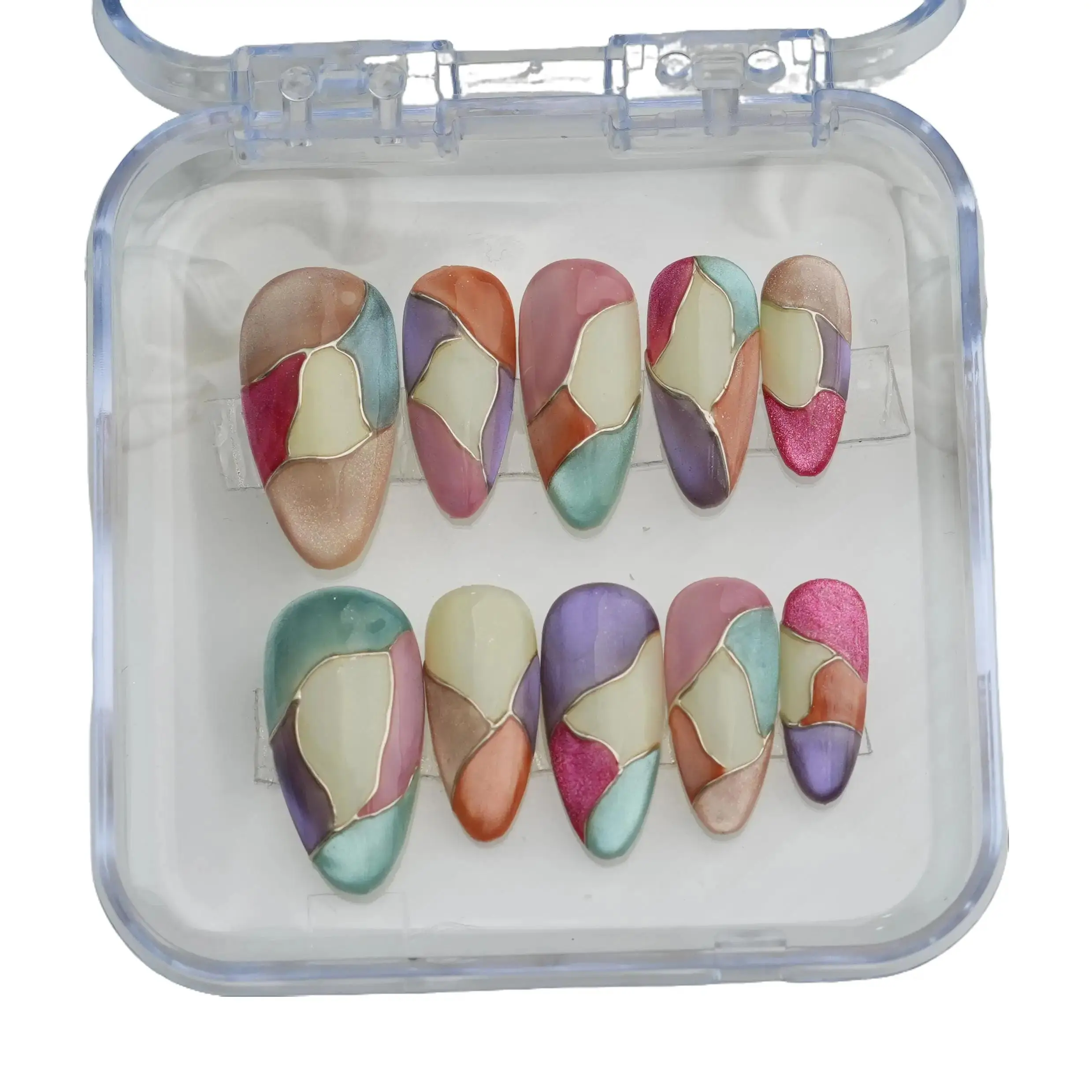 Colorful Cat Eye Press On Nails – Handmade Gel Fake Nails with Starburst Design, Trendy Reusable Acrylic Nail Set, Cute Y2K Glam Nails for Girls & Women
