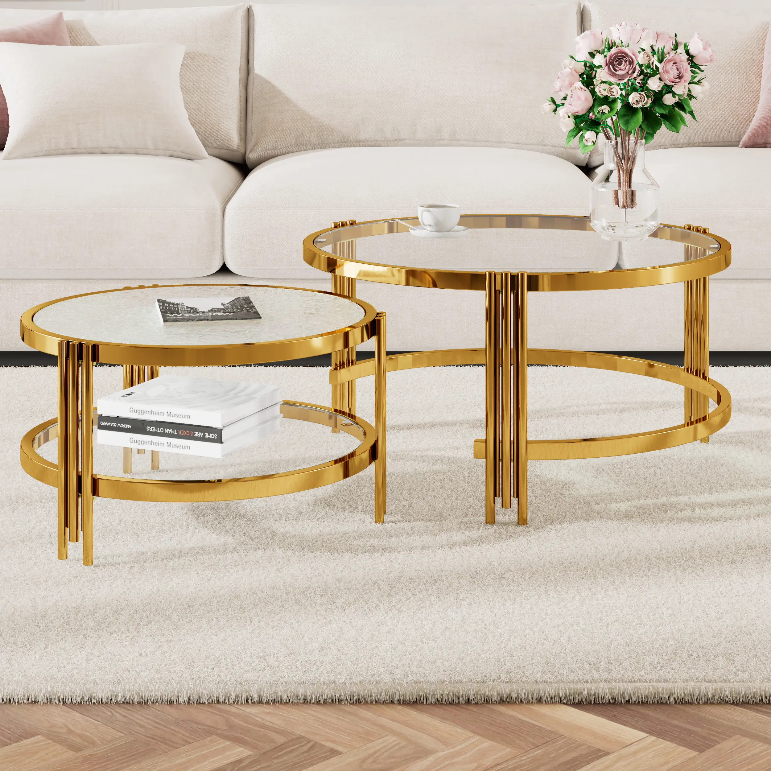 2-Piece Nesting Coffee Table Set with Textured Glass Top & Gold Metal Frame, Modern Round Accent Tables for Living Room, Space-Saving Layered Cocktail Table Set for Small Apartments