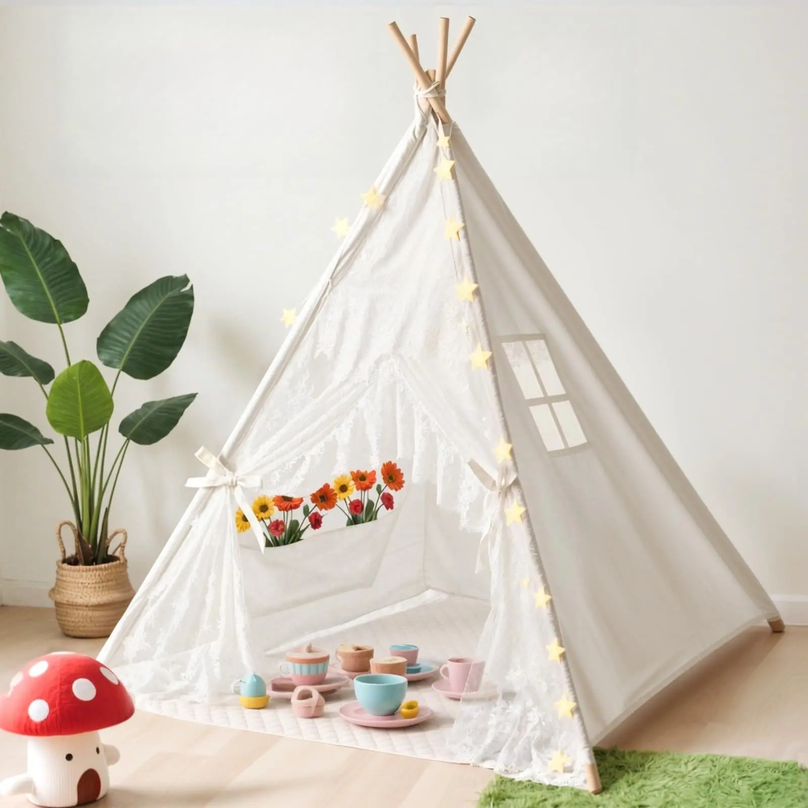 Teepee Tent With Starry Lights  Ground Mat And Pockets For Indoor & Outdoor Use Foldable Play Tents Washable Playhouse Birthdays Holidays