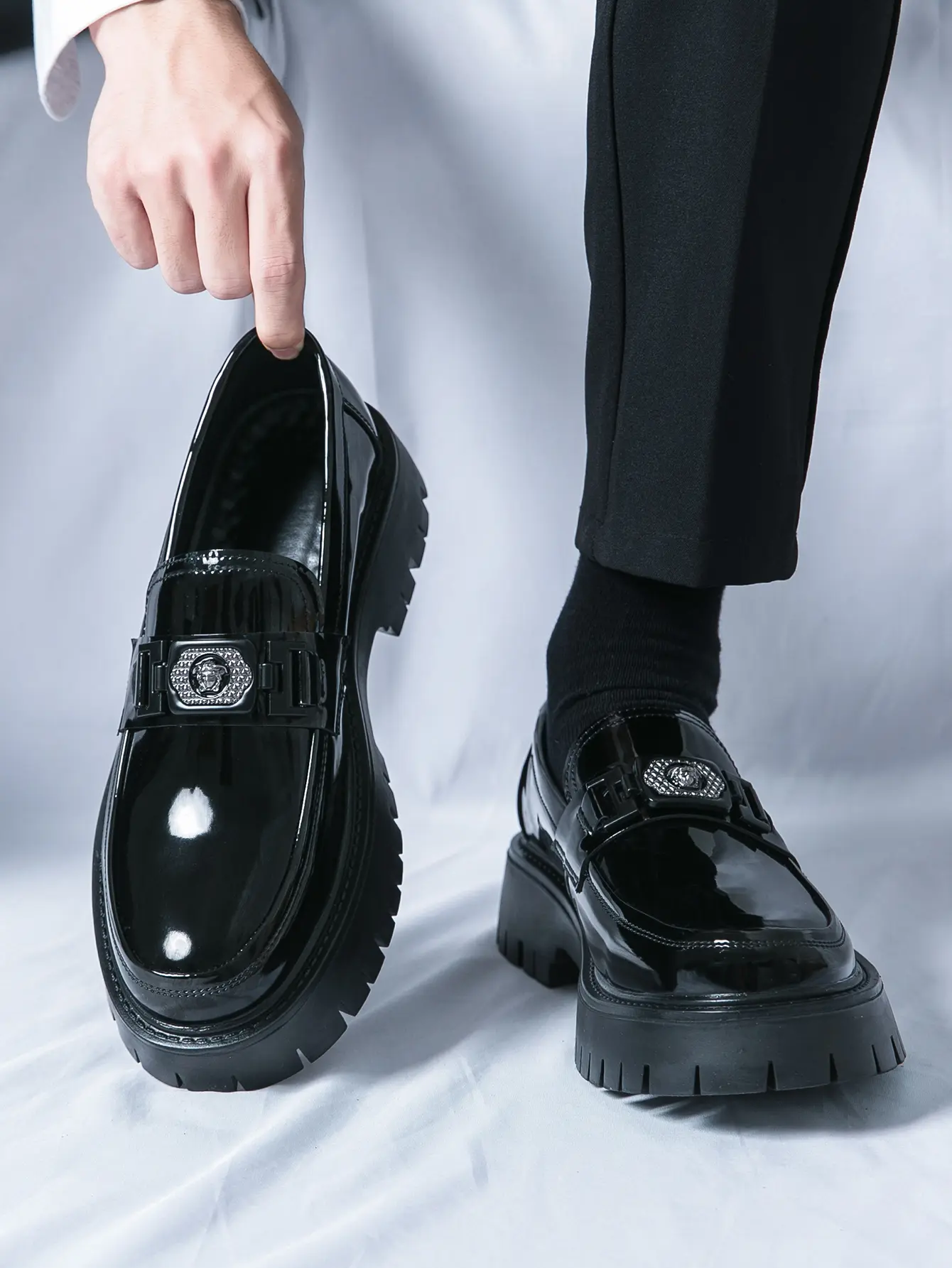 Trending Men’s Chunky Lug Sole Patent Leather Loafers - Slip-On Statement Shoes with Sparkling Buckle, Elegant Thick-Sole Footwear for Business, Casual Daily Wear, Formal Events & All-Season Versatile Office & Street Style