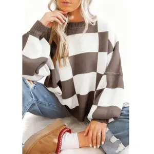 Znacicc Women's Stylish Valentine's Day Checkered Bishop Sleeve Sweater - Casual Plaid Top with Crew Neck, Long Sleeve, Winteroutfit,Medium Length, Loose-Fitting,Womenswear