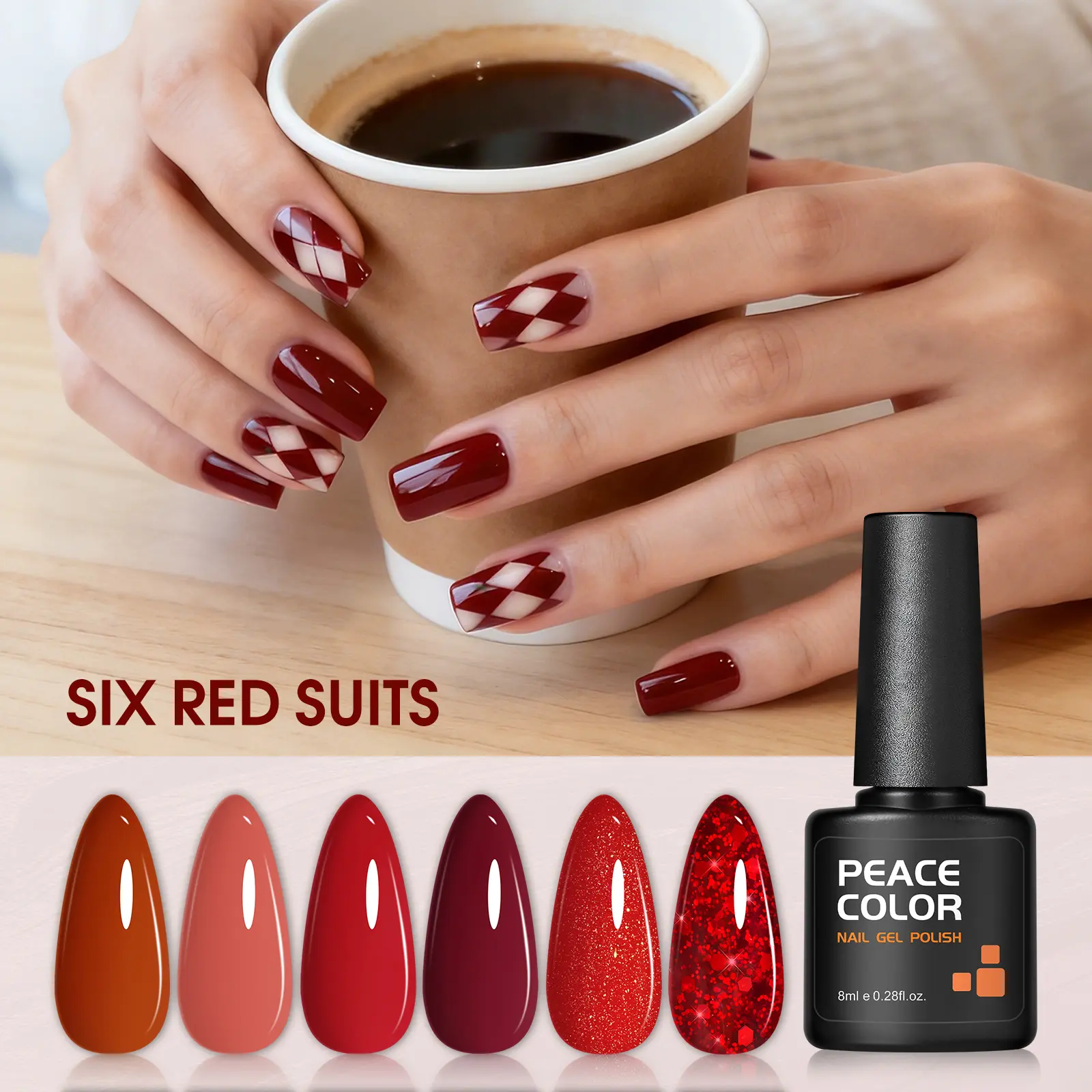 Peacecolor Red Gel Nail Polish, Burgundy Nude Red Glitter Gel Polish Marvelous Lady Collection Nail Art Design Soak Off Uv LED Nail Polish Manicure DIY Home Salon Gift Friend
