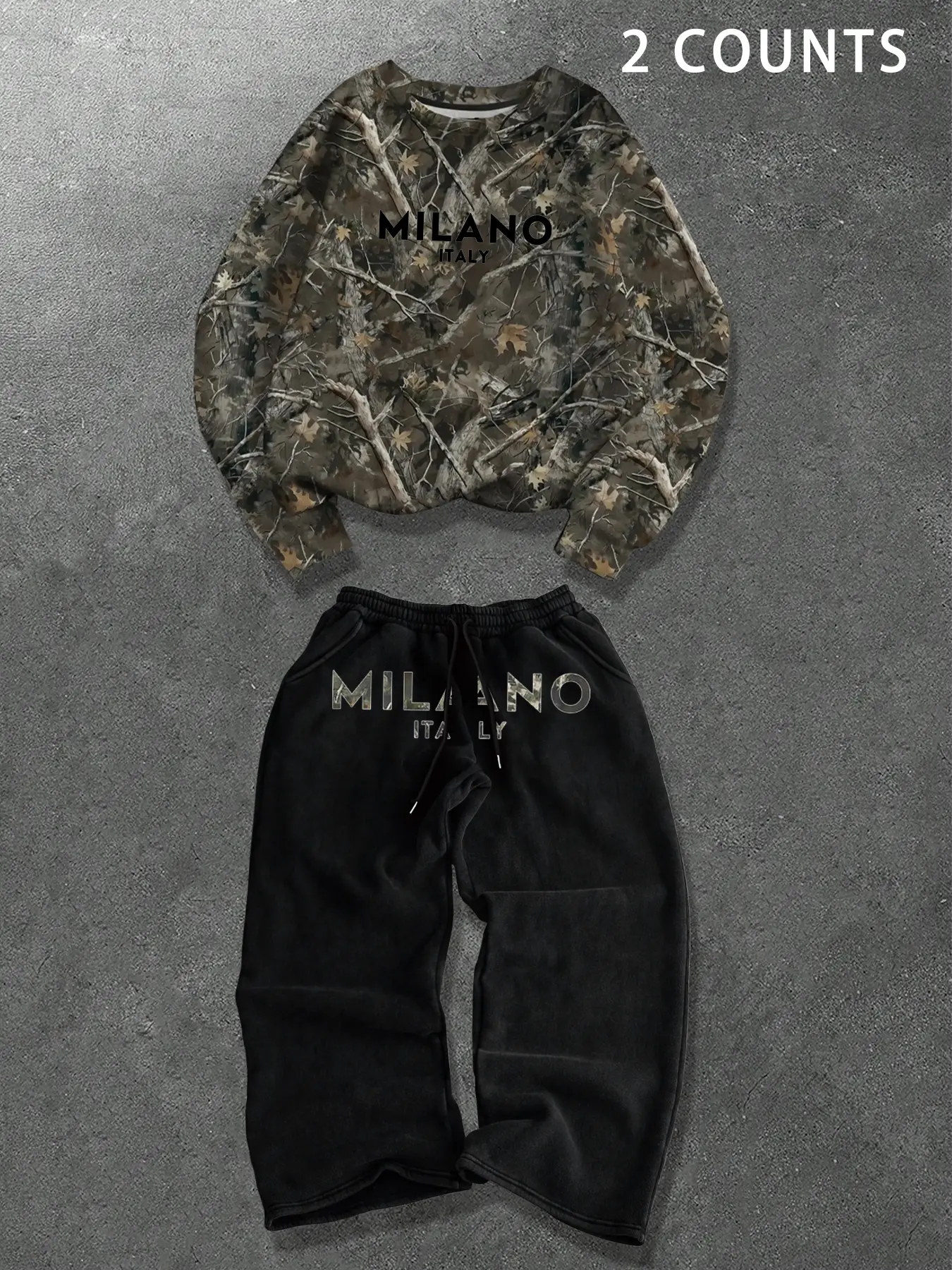 TikMen Urban American Vintage Branch Sweatshirt Set, Loose Fit Sweatsuit, Campus Style Digital Print, Casual Fall & Winter