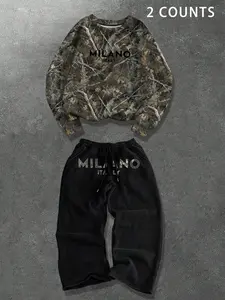 TikMen Urban American Vintage Branch Sweatshirt Set, Loose Fit Sweatsuit, Campus Style Digital Print, Casual Fall & Winter