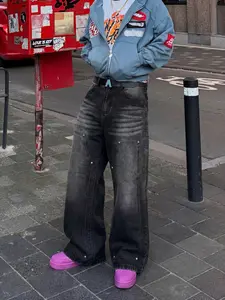 Men's black gradient distressed washed jeans, with silver rivet decorations on double-sided three-dimensional patch pockets, loose Ripped straight leg workwear silhouette, functional style street casual pants