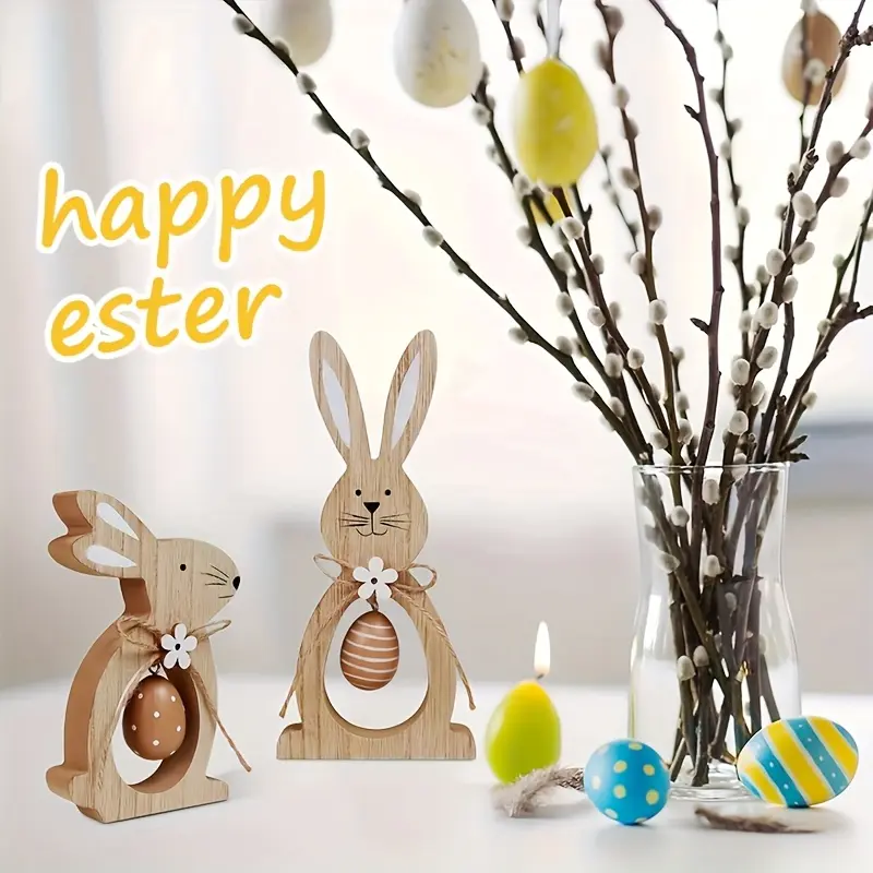 2pcs Wooden Party Table Centerpiece with Little Bunnies, Easter Eggs & Flowers. Ideal for Easter & Birthday Decor. Happy Easter! Perfect for Easter Decor & Daily Use with Simple Playful Design; Ideal for Family Dinners & Friend Gatherings.