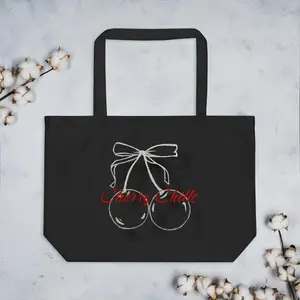 Cherry Chills Black Tote Bag with White Bow Design and Red Text for Everyday Use