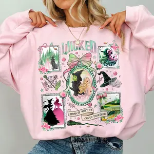 Wicked Changed For Good Stamps Shirt, Pink and Green Sweatshirt, Coquette Bow Wicked Sweater, Defy Gravity Broomstick Magic Wand Shirt for Womens