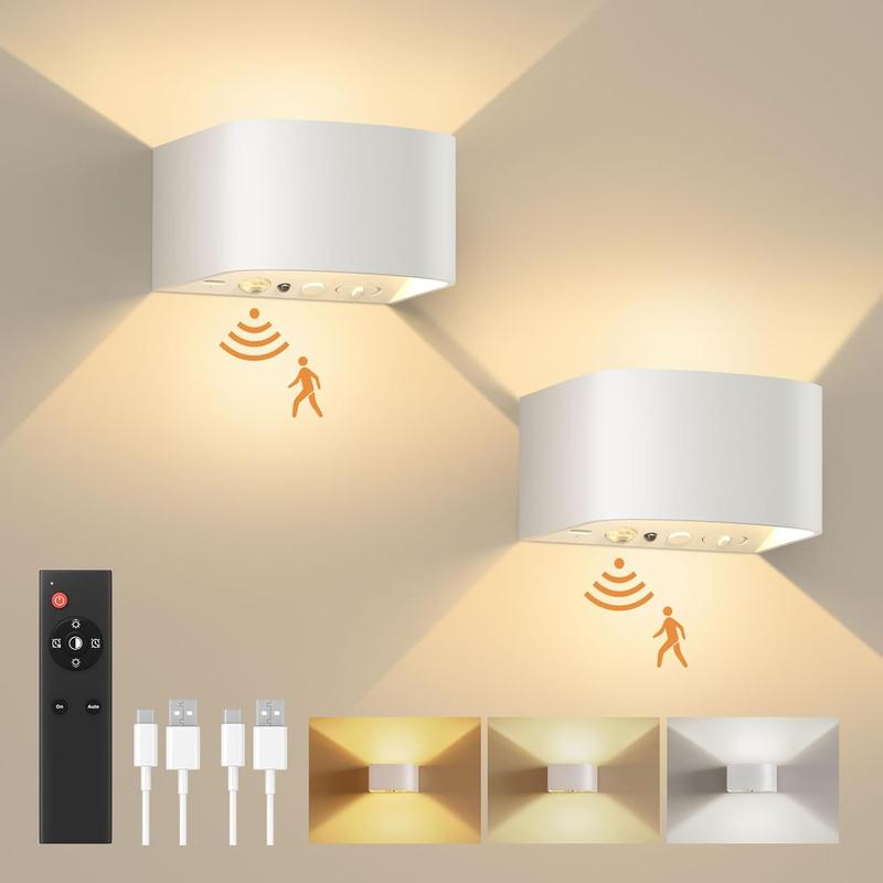 Motion Sensor Wall Light with Remote Control 3 Colors Wireless Wall Sconces LED Indoor Up and Down Lamp 5000mAh Rechargeable Battery Powered Brightness Adjustable White 2 Pack