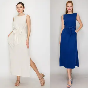 Smock Slit Ribbon Maxi Dress
