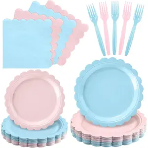 96 count   Plates and Napkins Party Supplies - Light  and Blue Scalloped Plates, Napkins and Forks for  Shower  Decorations, Serves 24