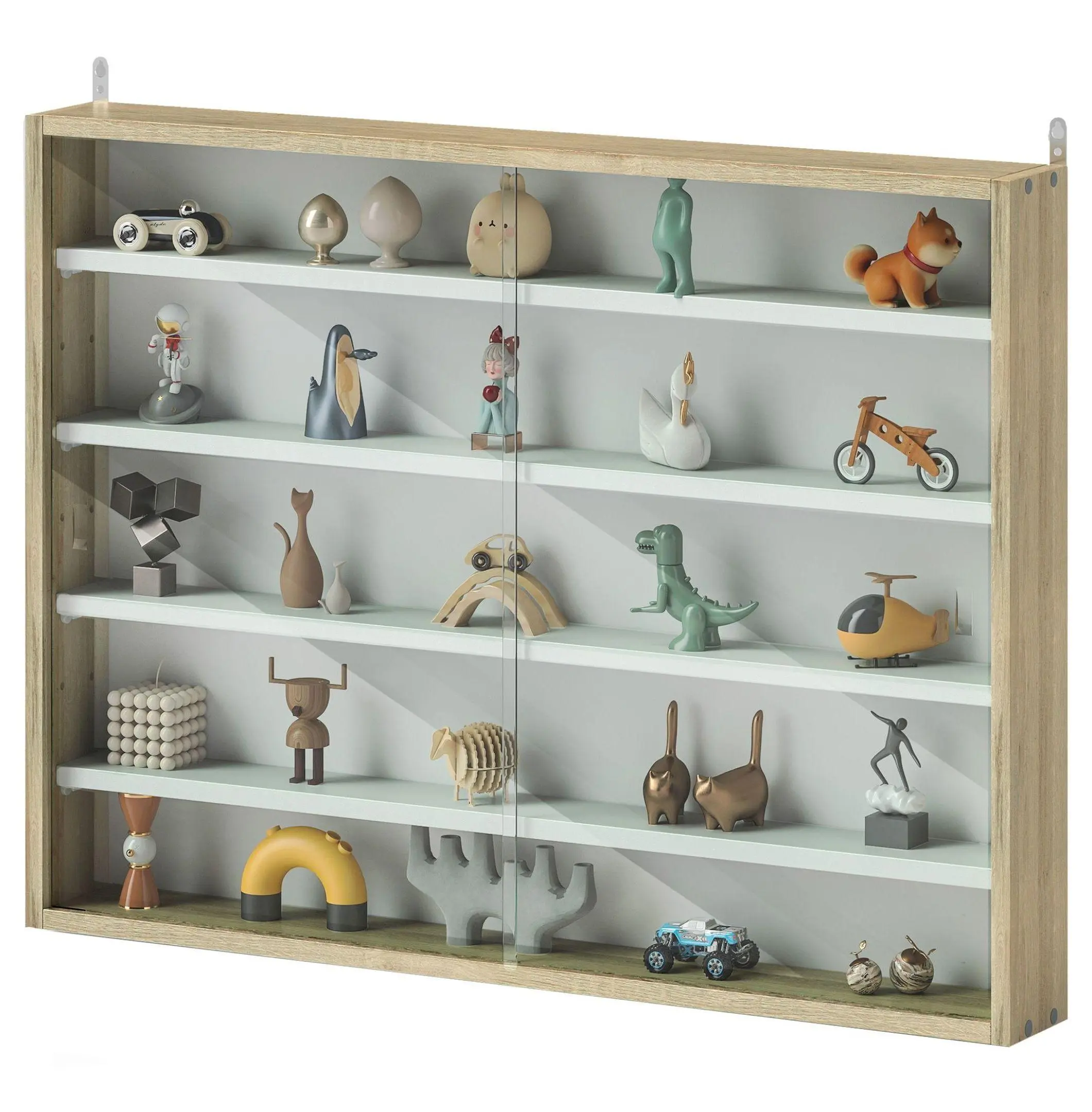 5-Tier Display Cabinet, Wall Mounted Display Case with Glass Doors, Adjustable Shelves, Oak and White Collectibles Showcase
