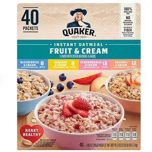 Quaker Instant Oatmeal Fruit & Cream Variety Pack 40 Packets 42.3 oz Heart Healthy Whole Grain Muesli Food with Strawberries Blueberries Peaches Bananas Flavors