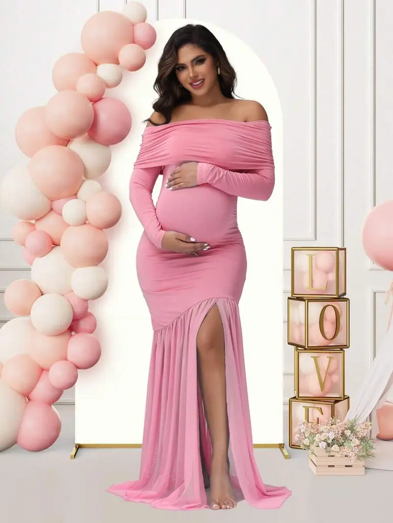 pink maternity evening dress Maternity Off Shoulder Bishop Sleeves Split Tulle Evening Dress – Elonnashop main image 0