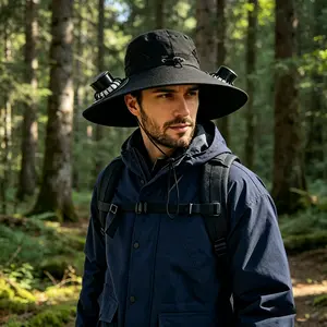 Wide eave solar fan outdoor fishing hat 2 solar fan men's hats with built-in solar fan fishing hat men's fan hat, thermal sensitive worker, lightweight headwear, adjustable hat, reinforced stitching, high-quality textile, cooling hood, summer traveler