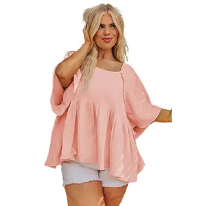 Chic Apricot Pink Plus Size Textured Wide Short Sleeve Babydoll Blouse