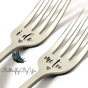 ButterflyByYu Engraved Wedding Forks I Do & Me Too Personalized Silver Plated Dinner Fork Set for Weddings Anniversaries Custom Engraving 8 Inch Stainless Steel