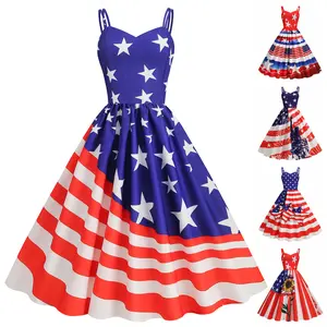 L Independence Day Women's Summer Sexy Strap Dress with American Flag Print and Vintage Flared Hem