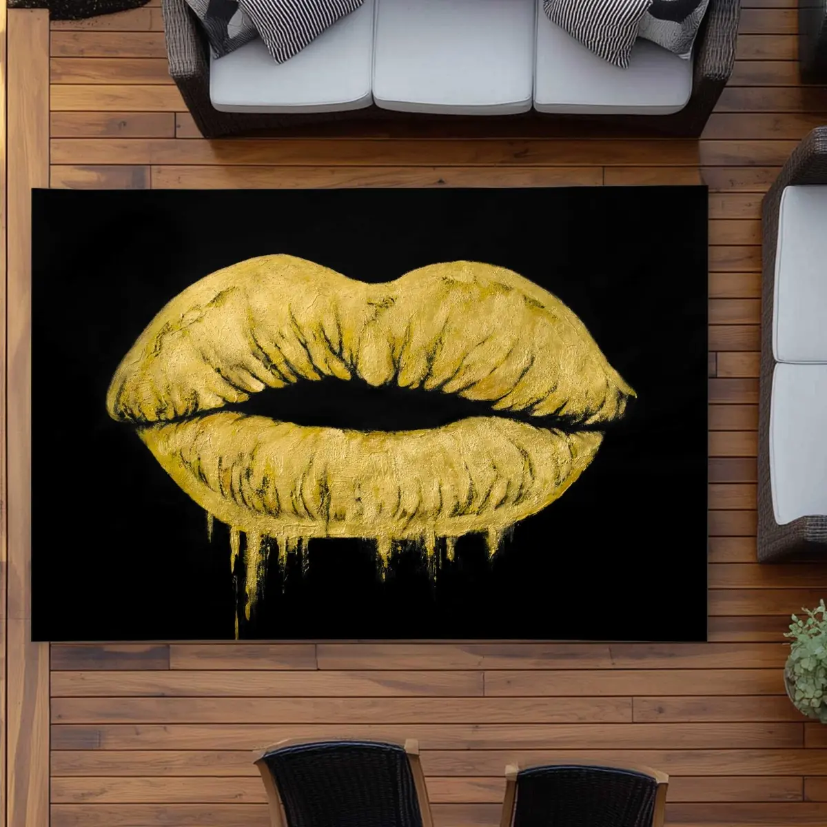 Begin Home Decor C1ROAR57G6FI36 5 x 7 ft. Golden Lips Pop Art Outdoor Rectangle Area Rug - Stylish Home Decor