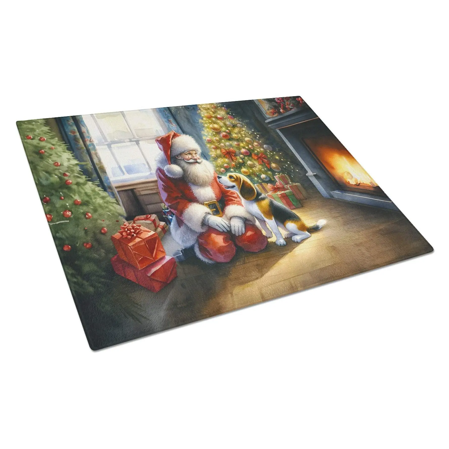 Tempered Glass Chopping Board - Rectangular Beagle & Santa Claus Design, 12 Inches Length 15 In Width, Vibrant Heat Resistant Kitchenware for Holiday Decor