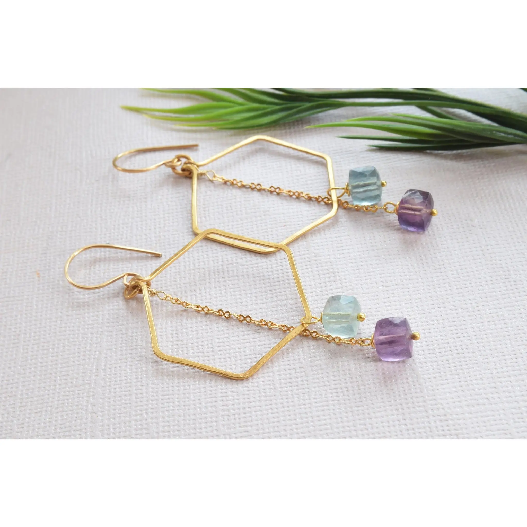 Fluorite Hexagon Hoop Earrings - Unisex Fashion Accessory with Cubic Fluorite Gemstones & Hand-Forged Gold Brass Frames 3-Inch Length