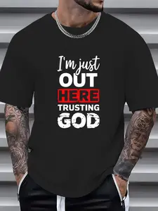 100% Cotton I'm Just Out Here Trusting God Christian Religious T-Shirt, Western Outfits Shirts Men's Graphic Tees Top