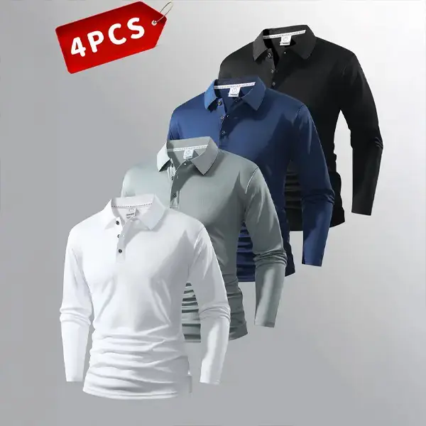Men’s 4-Pack Long Sleeve Polo Shirts - Menswear Top, Casual, Soft & Skin-Friendly Polyester Fabric, Stylish & Practical Design, Longsleeves