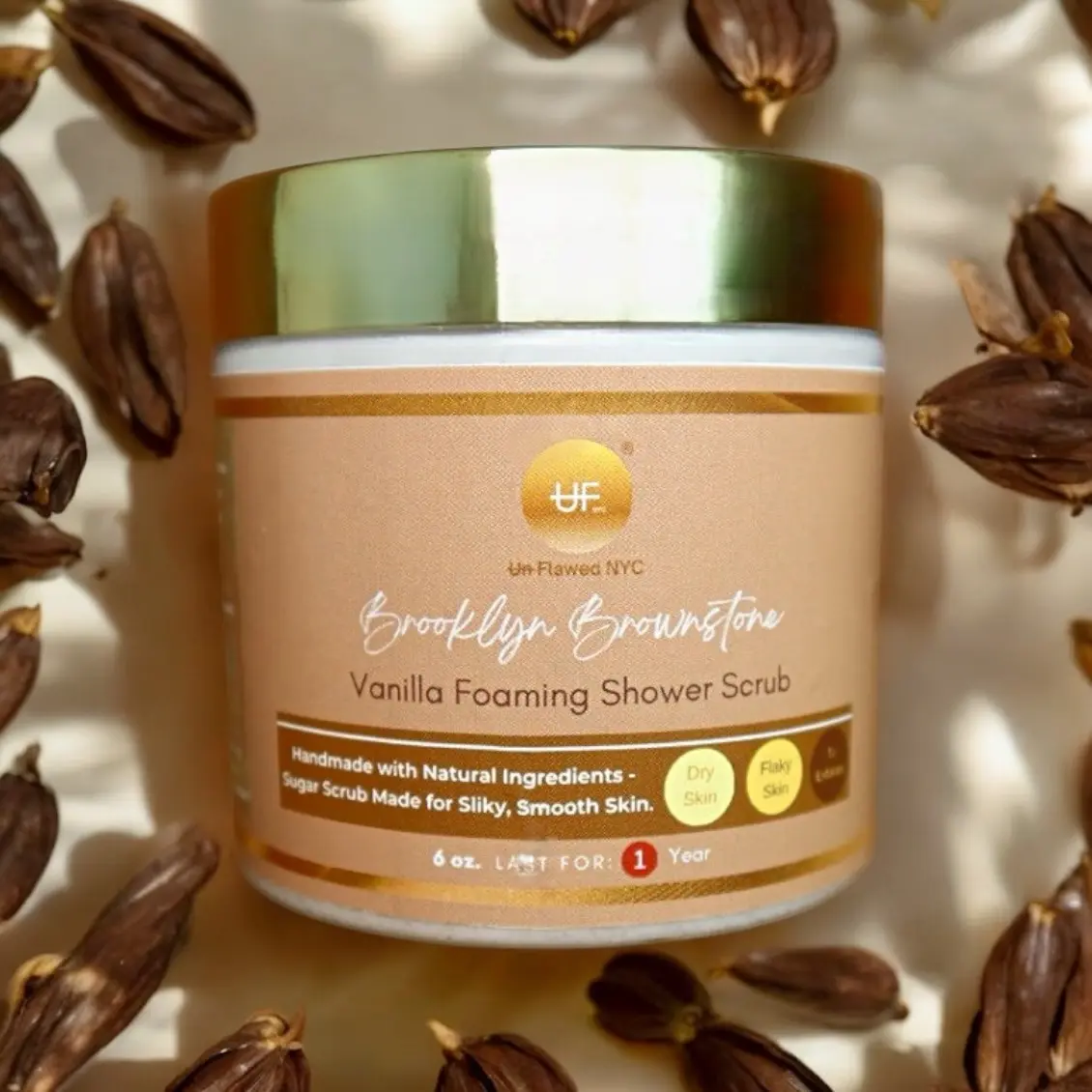 UN FLAWED NYC Brooklyn Brownstone Vanilla Foaming Shower Scrub with Natural Ingredients for Silky Smooth Skin 6 oz