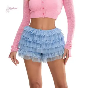 Women Lace Bloomers Shorts Casual Summer Layered Ruffles Elastic Short Pants for Vacation Beach Club Streetwear