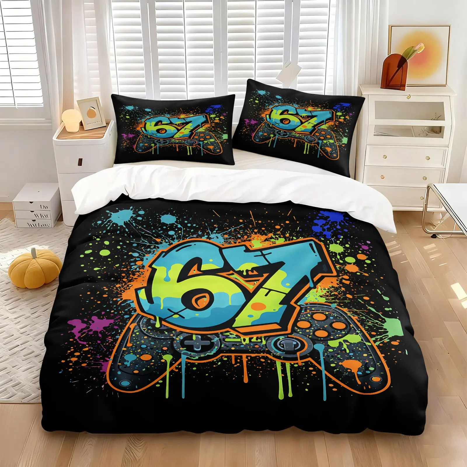 2/3Pcs Game Graffiti "67" Decorative Duvet Cover Set, Street Trend Style, Soft Breathable Skin-friendly Theme Cool Bedding Set, Bed Sets Supplies, for Teen Boys Bedroom, Dorm, Gaming Room, Home Use, No Filling