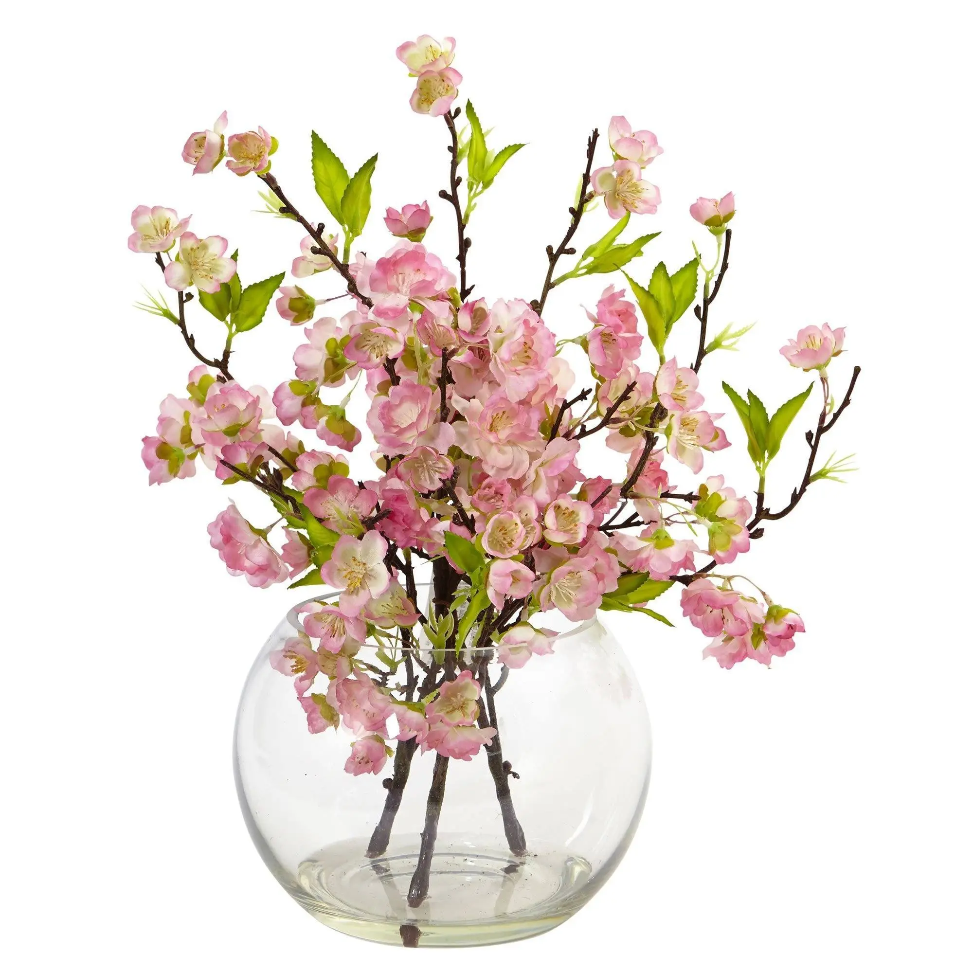 Silk Cherry Blossom Glass Artificial Flowers with Flower Design - Large Vase, Vignette Floral Decor for Globe Table Elevated Home Display