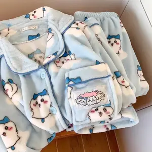 2Pcs Anime Hachiware Pajamas Girls Plus Velvet Thickened Warm Usagi Cute Pajamas Set Flannel Home Clothes Winter Homewear Gift