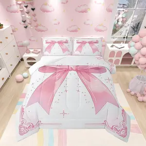 Pink Bow Comforter Set,Watercolor Bowknot Bedding Set for Kids Girls Princess Room Decor,Pink and White Down Comforter,Soft Polyester Quilt Set