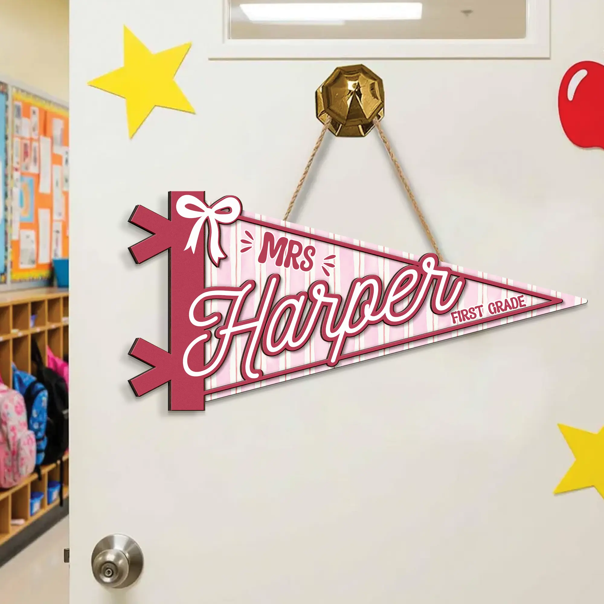 Personalized Teacher Pennant Flag Door Sign, Custom Teacher Name And Grade Sign, Back To School Gift, Teacher Gift, Class Welcome Sign, First Day Of School Sign