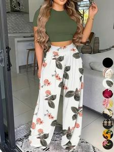 women's two-piece set, chic plain crop tee & high waist plicated wide leg pants set, co-ord set summer, summer clothes women